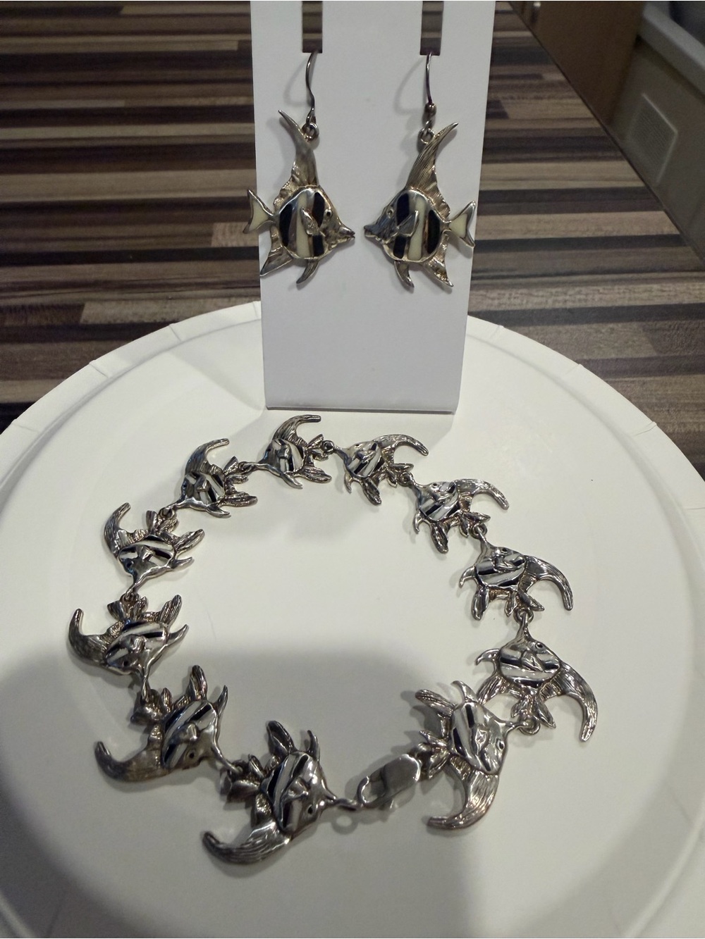 Signed Kabana Sterling Silver Black White Enamel Fish Bracelet & Earrings #391